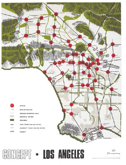 Proposed regional centers and transit blueprint from the Concept Los Angeles General Plan, 1970